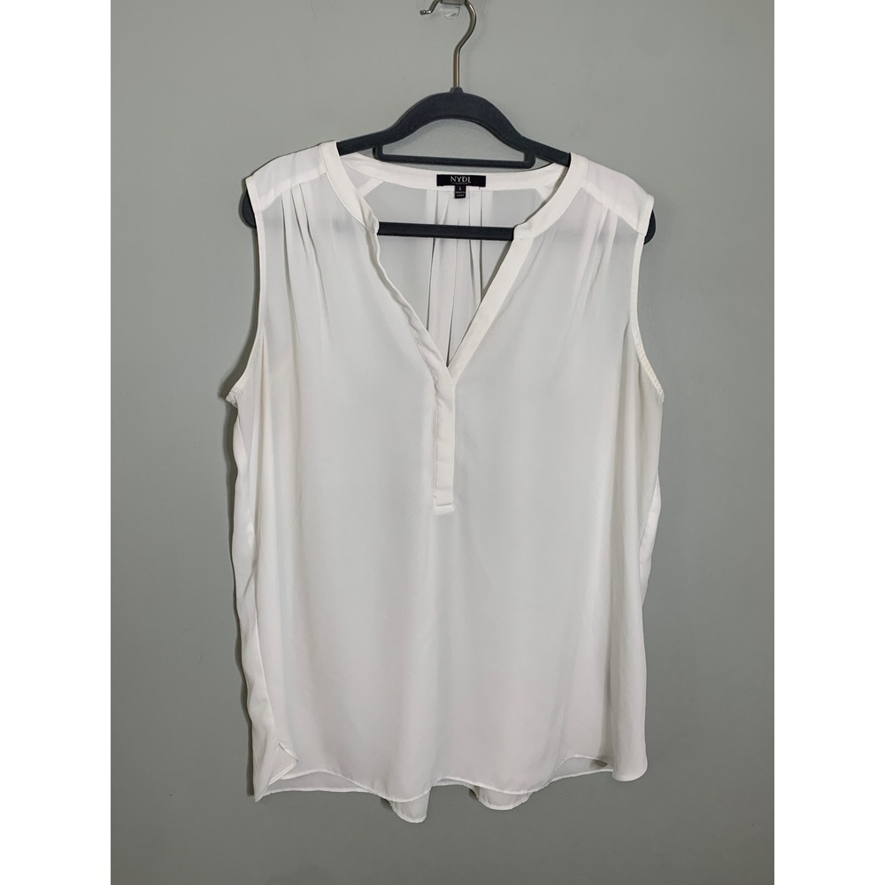NYDJ Sleeveless Blouse Women Large White V-Neck Pleated Shoulder Shell Top